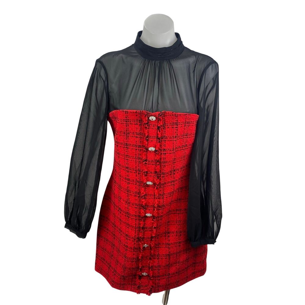 Zara Red Black Mesh Long Sleeve Tweed Mock Neck Plaid Button Mini A Line Dress M